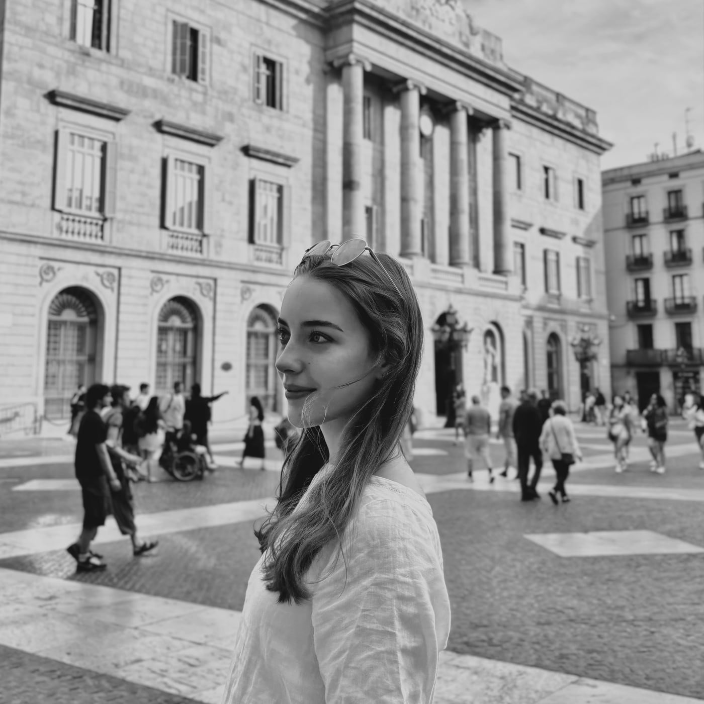 Evelyn standing in a city square